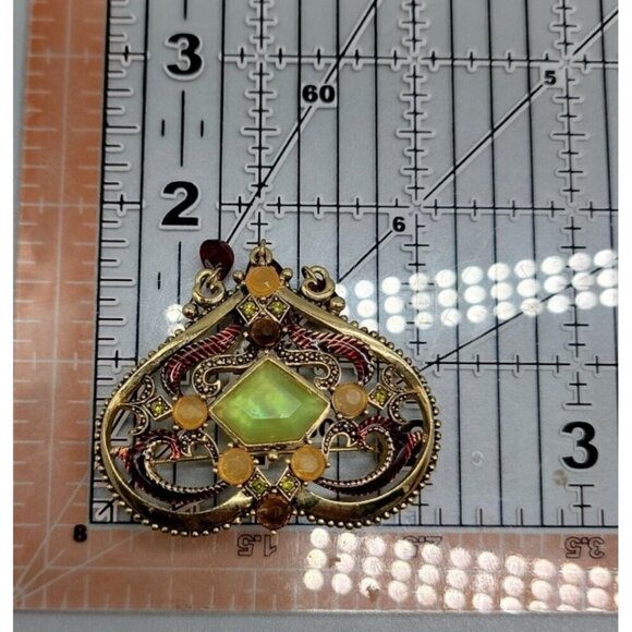 Gold Plated Enamel Heart Center Green Chalcedony Dangle Glass Rhinestone Accents - Picture 9 of 9